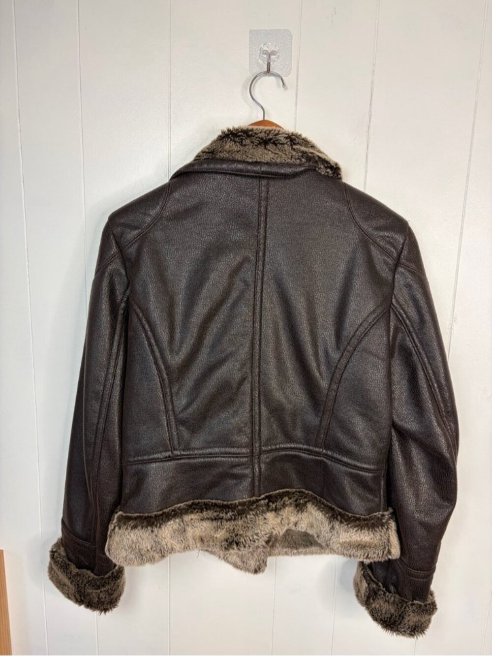 Vintage 90s Y2K Faux Leather Fur Lined Aviator Jacket Coat Brown size medium - Picture 4 of 13